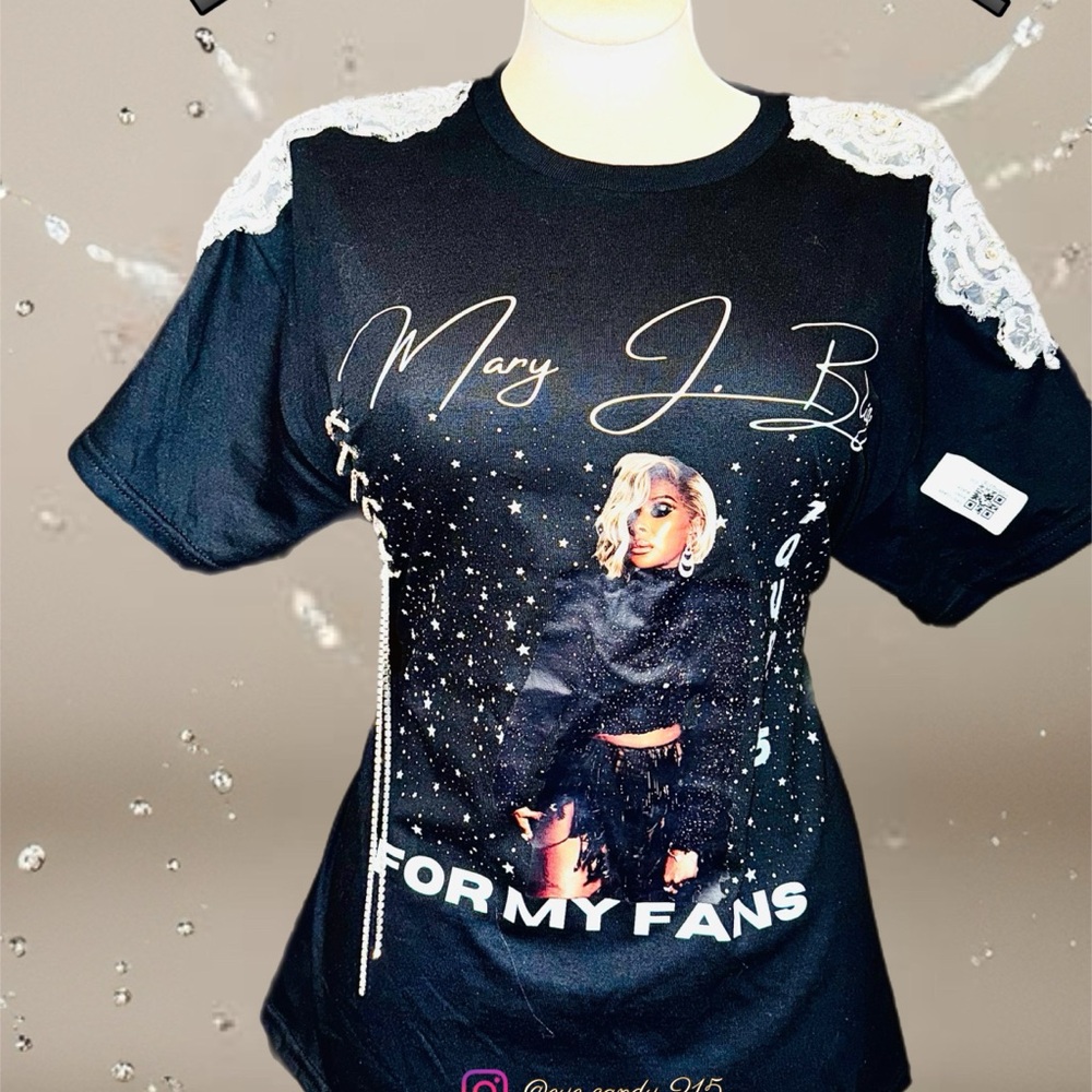 Black Graphic T-Shirt with Lace Details